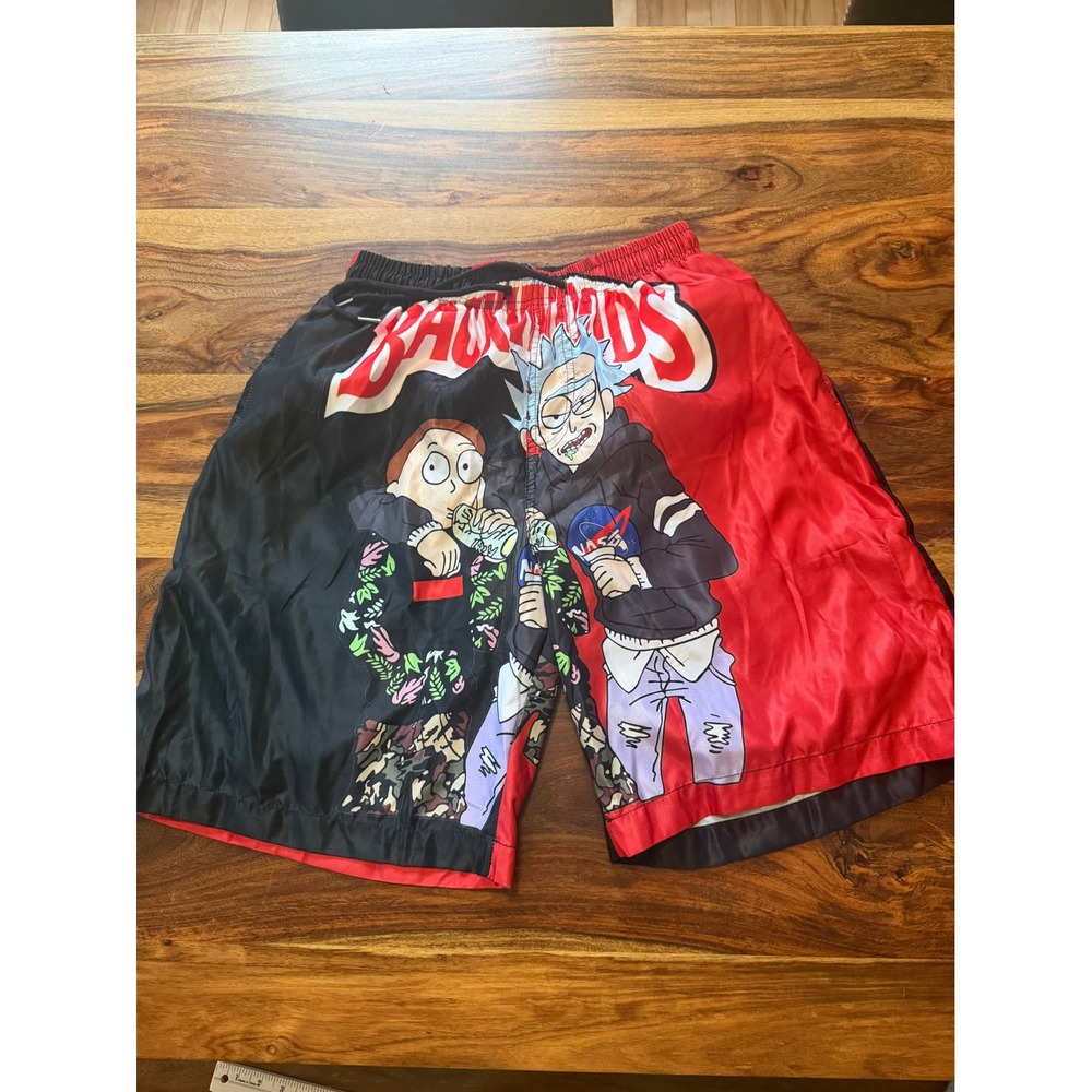 Rick and Morty Backwoods Swim Trunks Mens Large Red Black Graphic Shorts - Picture 7 of 7